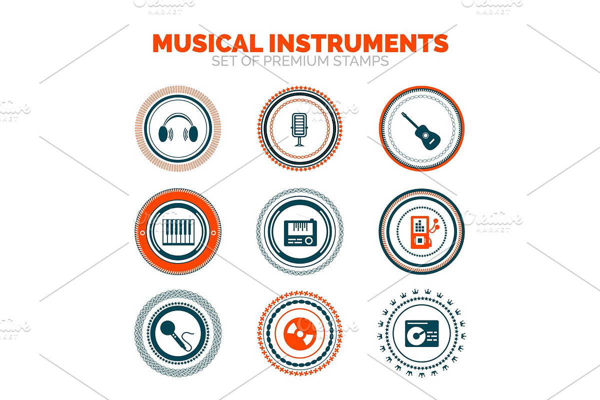 Set of musical instruments vector premium stamps in Illustrations - product preview 8