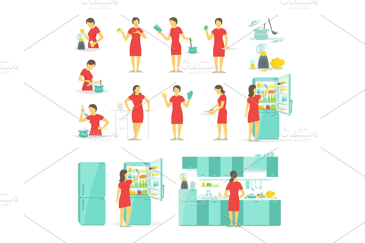 A woman in the kitchen set of different poses. Preparation food by prescription. Dishes and tableware. Fridge blender and saucepan in Illustrations - product preview 8