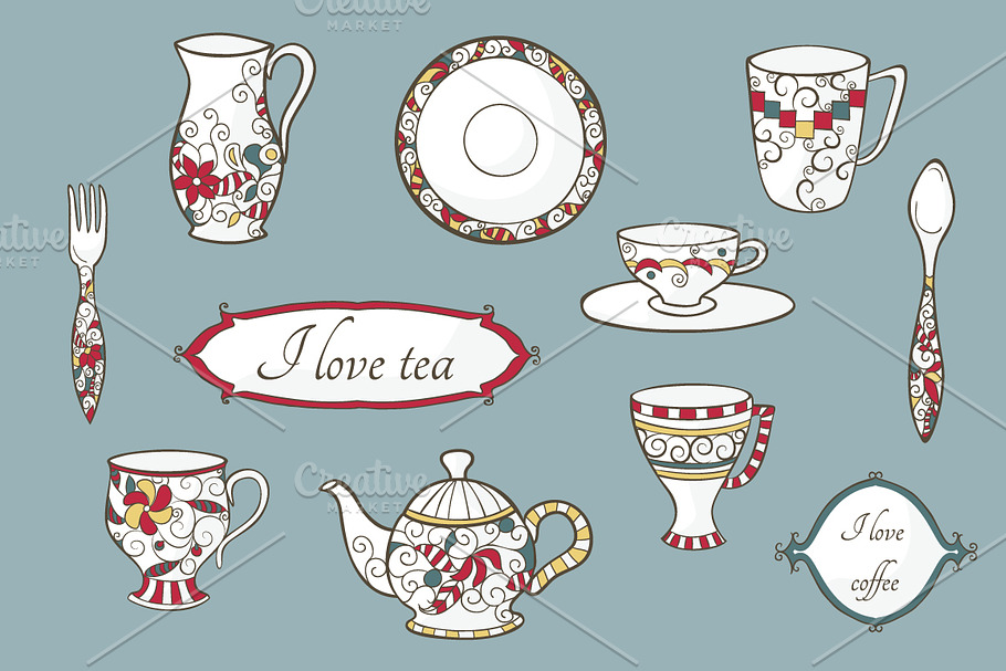 Vector set of vintage dishware in Illustrations - product preview 8