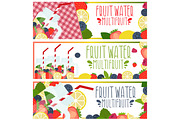 Set of banners with bright fruit water in mason jar with strawbe