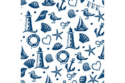 Seamless pattern hand drawn sea themed objects. Seagull,lighthou