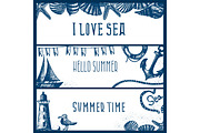 Set of hand drawn sea themed banners. Seagull,lighthouse,shell,b