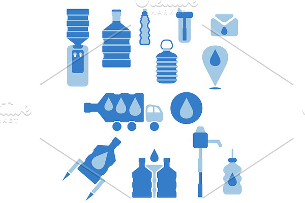 Set of icons for theme bottled water flat design. Vector illustr