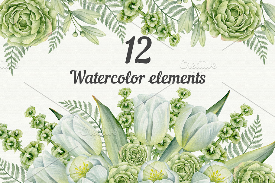 Wedding watercolor green flowers in Illustrations - product preview 8