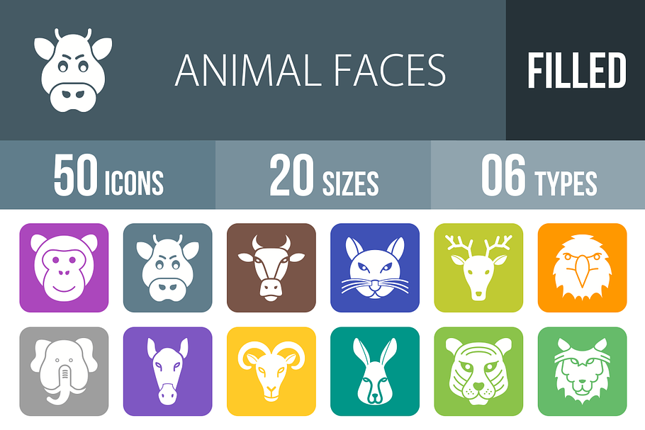 50 Animal Faces Round Corner Icons