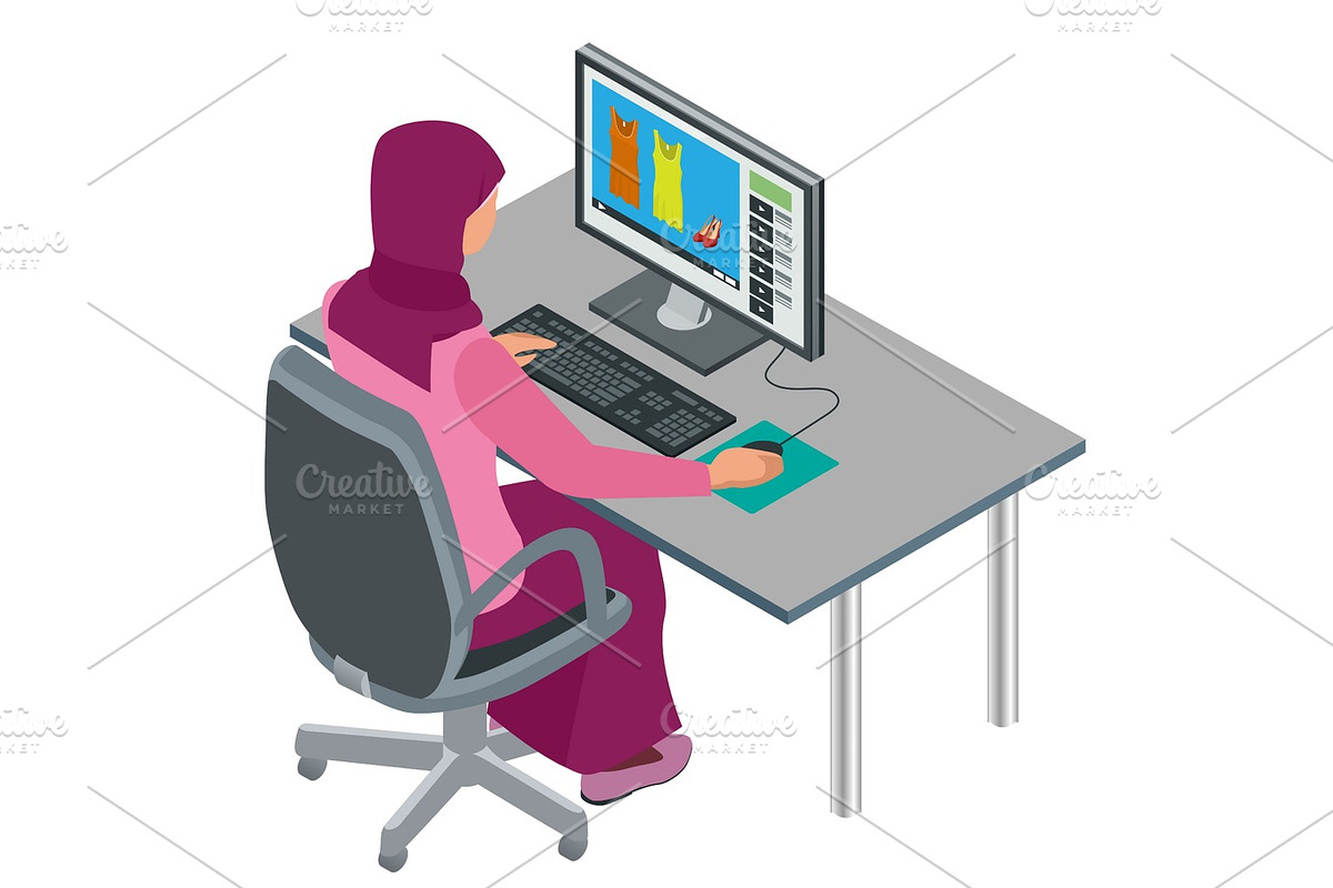 Arab woman, Muslim woman, asian woman working in office with com in Illustrations - product preview 8