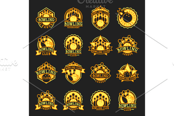 Vector bowling emblem and yellow design element logotype template badge item design for sport league teams success equipment champion illustration.