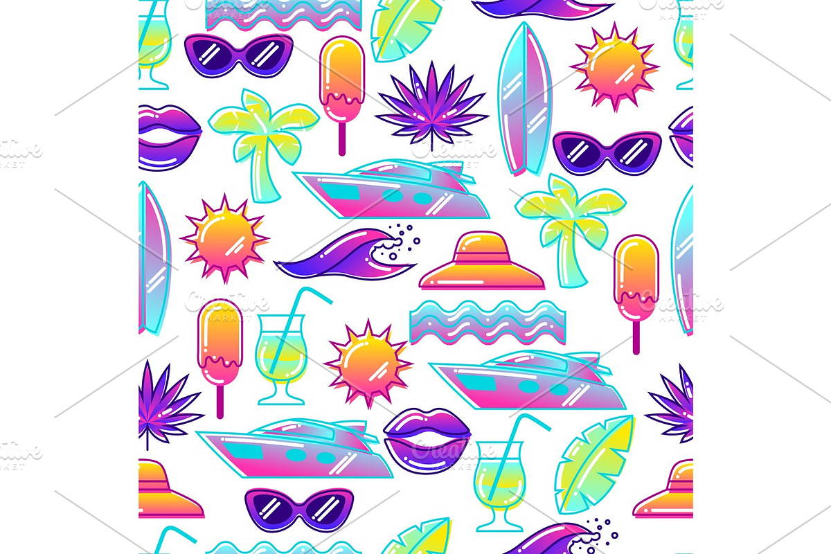 Seamless pattern with stylized summer objects. Abstract illustration in vibrant color in Patterns - product preview 8