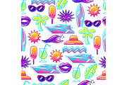 Seamless pattern with stylized summer objects. Abstract illustration in vibrant color