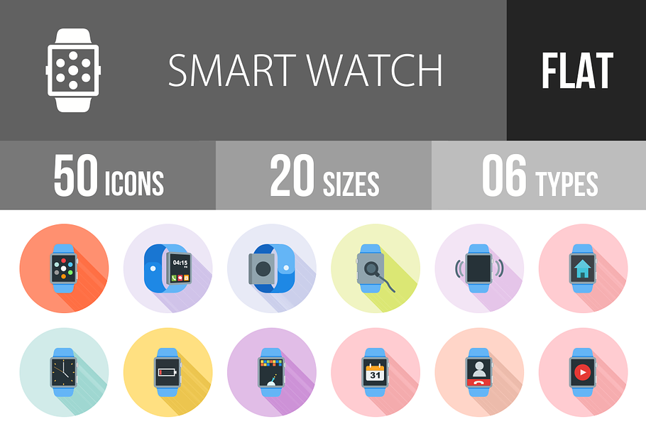 50 Smart Watch Flat Shadowed Icons