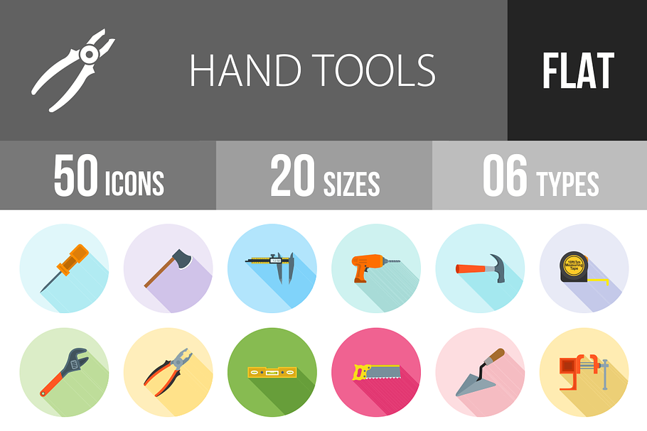50 Hand Tools Flat Shadowed Icons