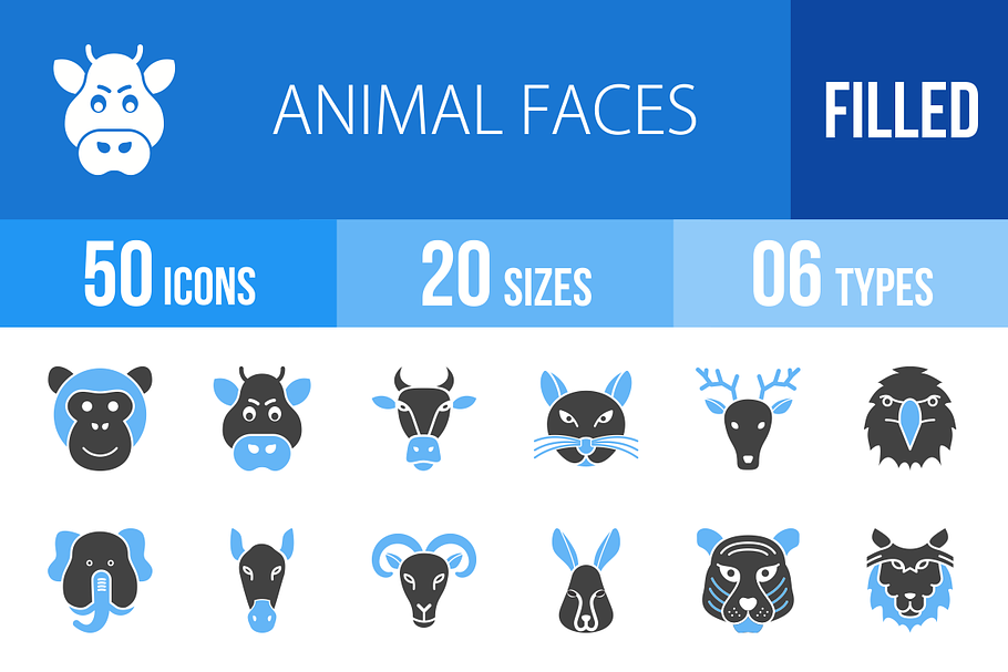 50 Animal Faces Blue & Black Icons