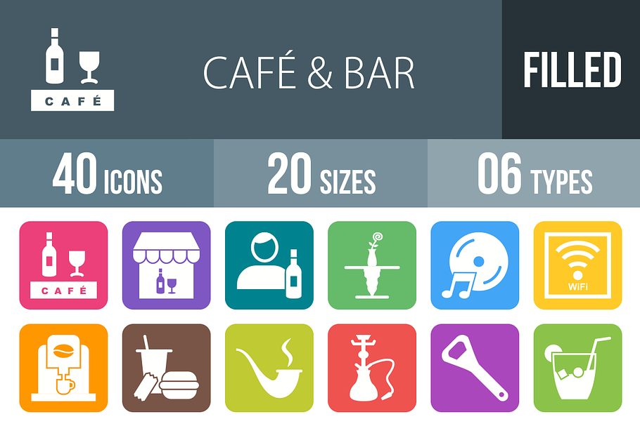 40 Cafe&Bar Flat Round Corner Icons