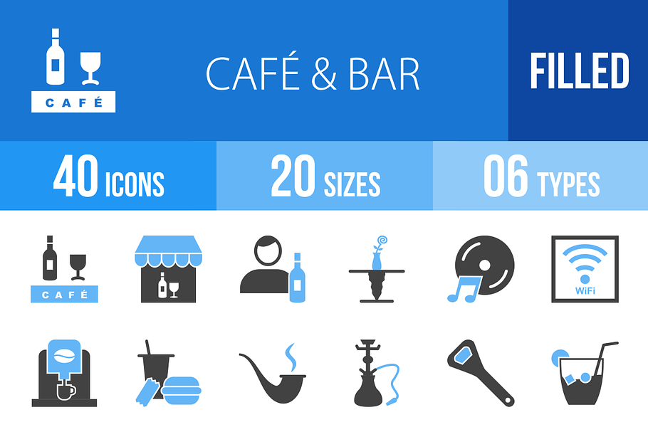 40 Cafe & Bar Blue & Black Icons