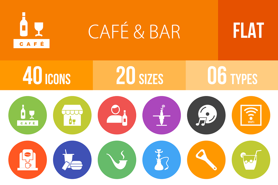 40 Cafe & Bar Flat Round Icons