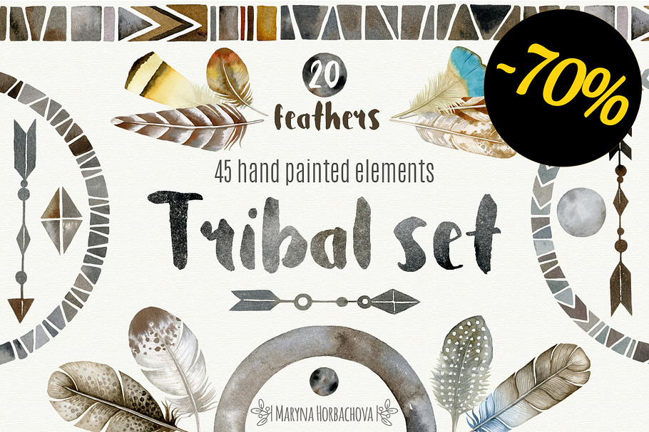 Set of watercolor tribal elements in Illustrations - product preview 8