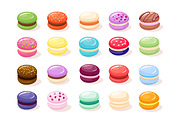 Macaroon set with isolated images of sweet fresh baked almond cookies of different taste and colour vector illustration
