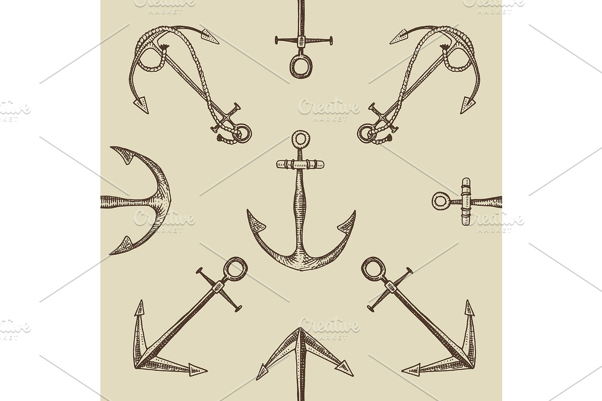 Seamless vector pattern with engraved, hand drawn anchors, old lookind vintage texture. in Textures - product preview 8