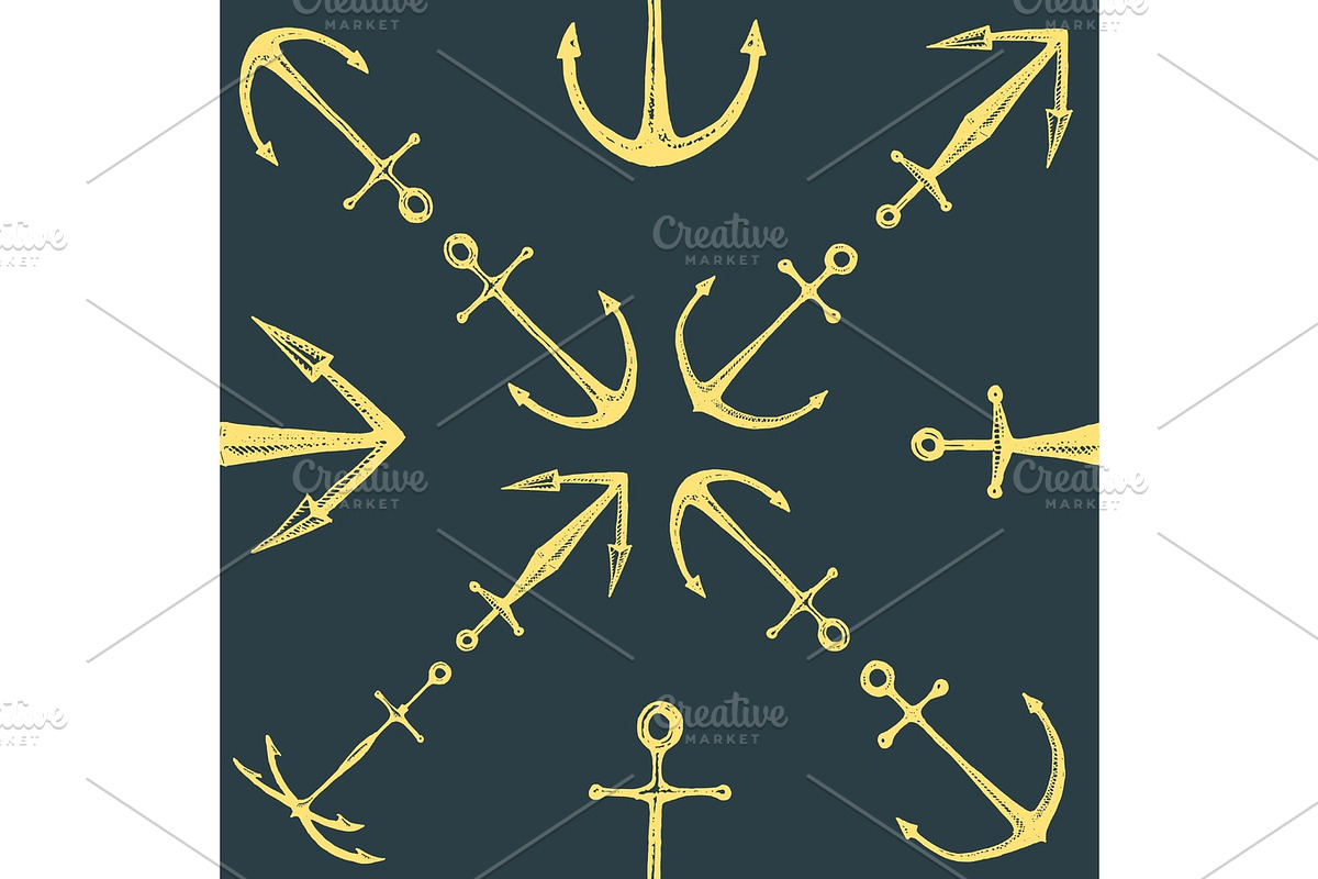 Seamless vector pattern with engraved, hand drawn anchors, old lookind vintage texture. in Textures - product preview 8