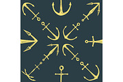 Seamless vector pattern with engraved, hand drawn anchors, old lookind vintage texture.