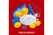 Time is money concept. Balancing Time and Money. Flat vector isometric illustration