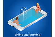 Online SPA booking concept. Guests can book online with mobile devices, tablets, desktops, IPTVs or kiosks at anytime, from anywhere. Flat isometric vector illustration