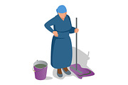 An old woman with a mop in her hand and a bucket is cleaning. Flat isometric vector illustration