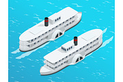 Isometric Old paddle steamer ship on the river. Water transport. Riding on the river. Flat 3d illustration. For infographics and design