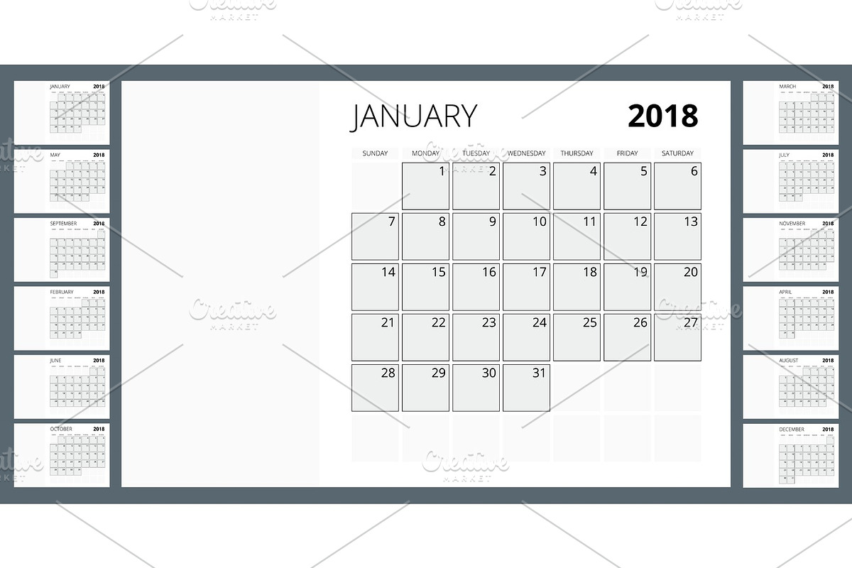 2018 calendar. Print Template. Week Starts Sunday. Portrait Orientation. Set of 12 Months. Planner for 2018 Year. in Textures - product preview 8
