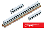 Modern high speed train. Vector isometric illustration of a Fast Train. Vehicles designed to carry large numbers of passengers. Isolated flat 3d vector isometric of modern high speed train