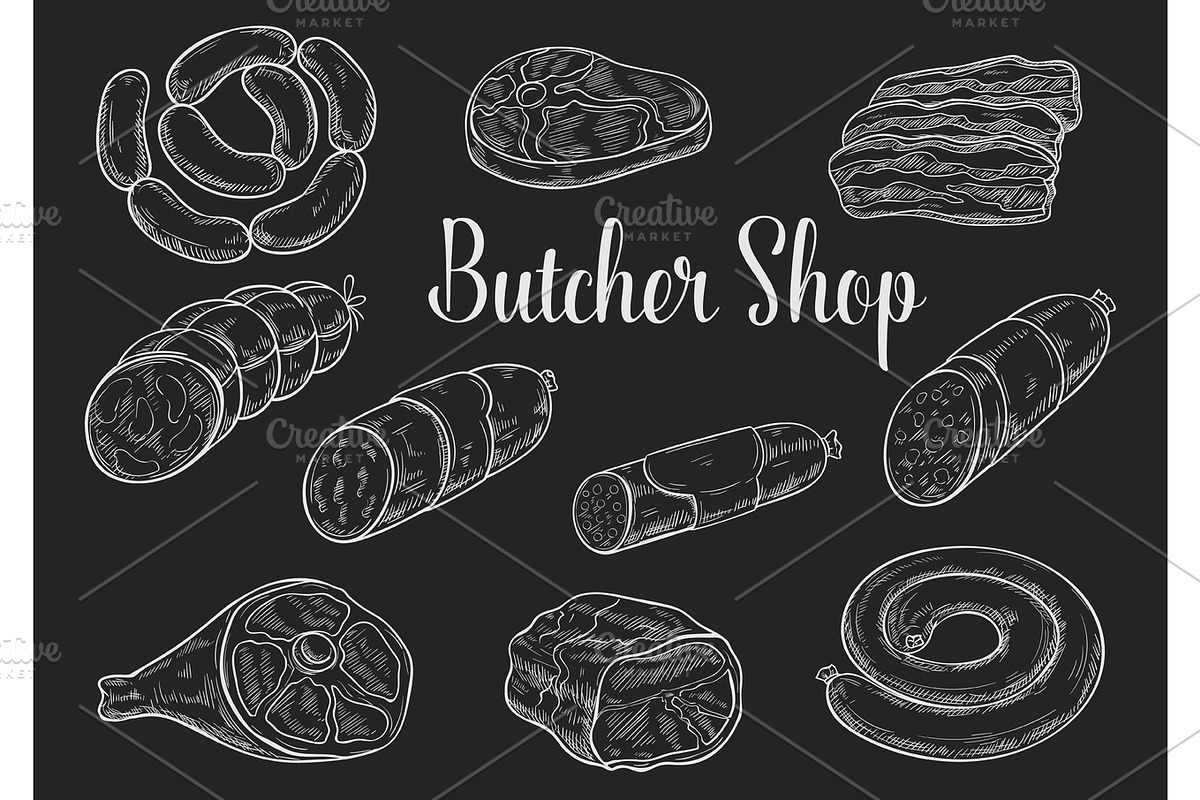 Meat and sausage chalk sketches on blackboard in Graphics - product preview 8