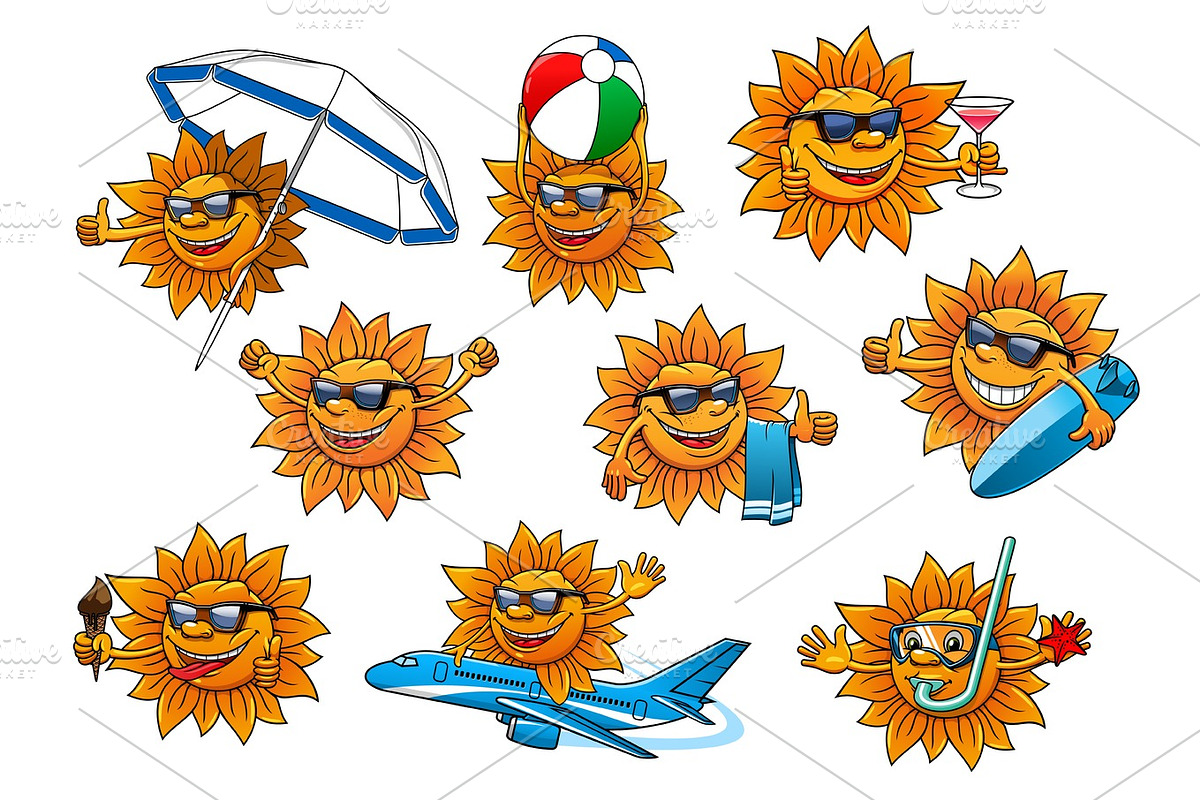 Happy summer sun cartoon mascot set in Graphics - product preview 8