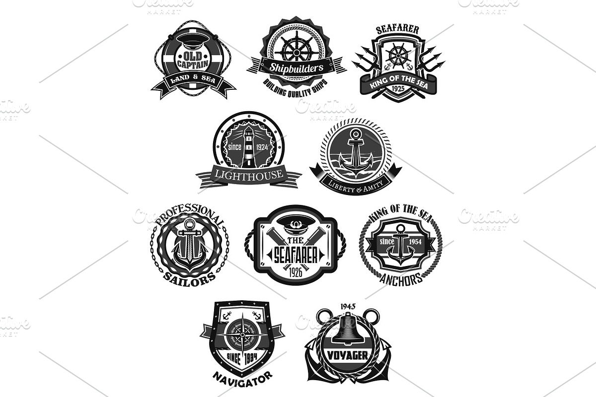 Nautical emblem and marine heraldic badge set in Graphics - product preview 8