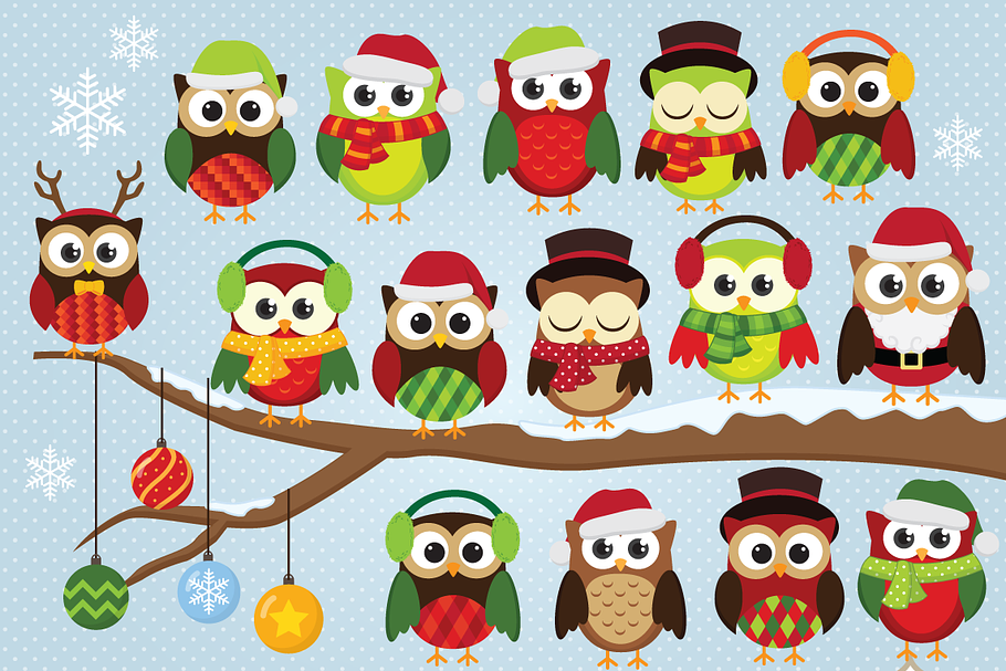 Christmas Owls Clipart in Illustrations - product preview 8