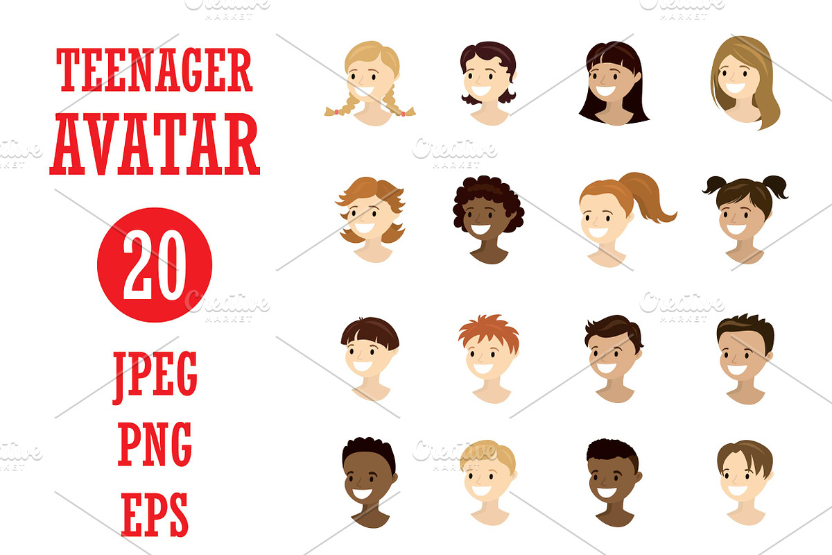 Cartoon set - 20 teenager avatars in Illustrations - product preview 8