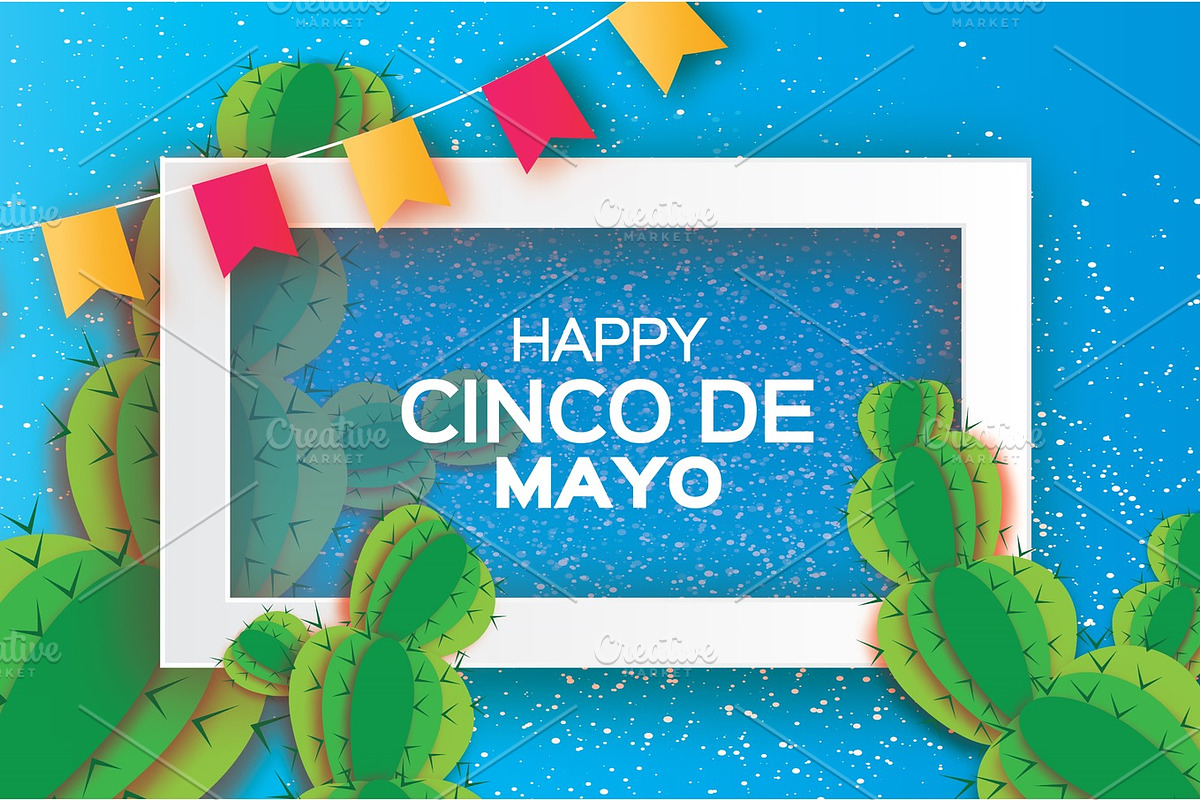 Orange Happy Cinco de Mayo Greeting card. Origami Mexican succulents,flags. Square frame in Illustrations - product preview 8