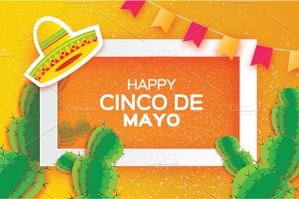 Orange Happy Cinco de Mayo Greeting card. Origami Mexican sombrero hat, succulents, flags. Square frame in Illustrations - product preview 8