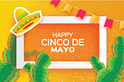 Orange Happy Cinco de Mayo Greeting card. Origami Mexican sombrero hat, succulents, flags. Square frame