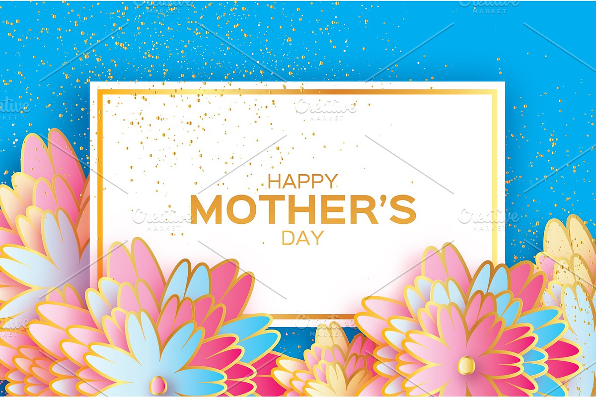 Happy Mothers Day. Origami Gold Floral Greeting card. Paper cut flower . Rectangle frame. in Illustrations - product preview 8