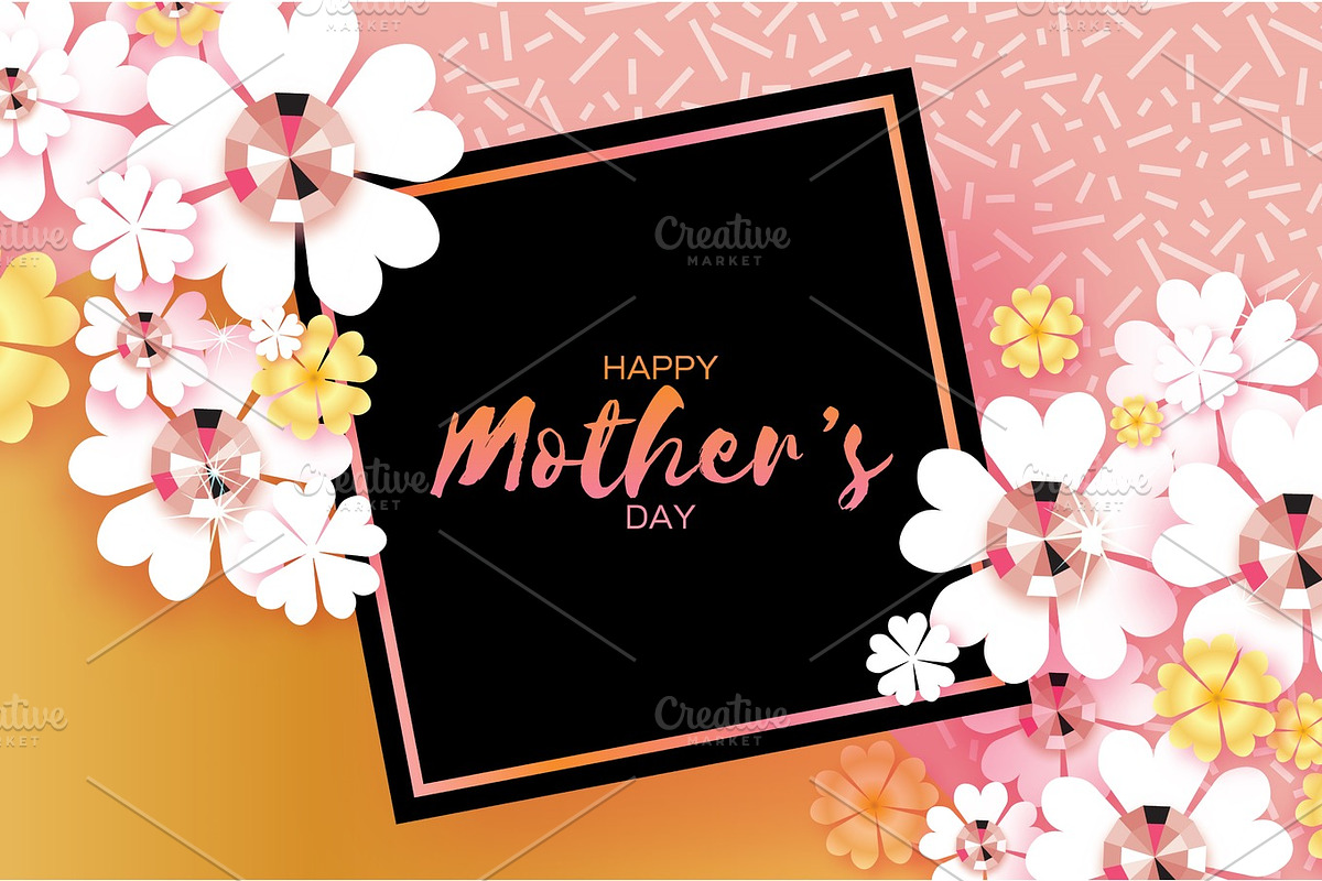 International Happy Mothers Day. White Floral Greeting card with Brilliant stones. Square black frame. in Illustrations - product preview 8