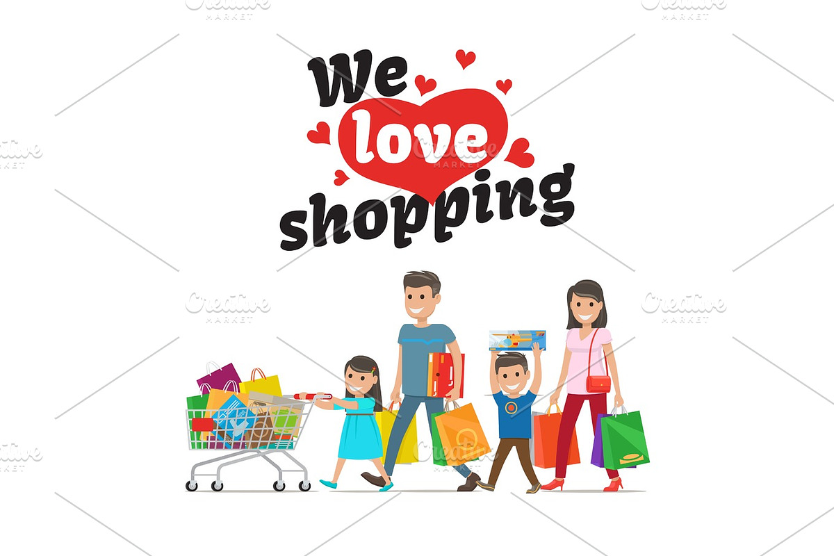 We Love Shopping Concept and Family with Purchases in Illustrations - product preview 8