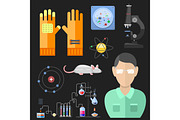 Lab symbols test medical laboratory scientific biology design molecule microscope concept and biotechnology science chemistry character vector illustration.