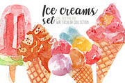 Watercolor ice creams set
