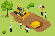 Radioactive waste concept. People protest environmental pollution with radioactive waste. Flat 3d vector isometric illustratoin