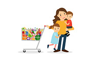 Woman with kids and shoping cart
