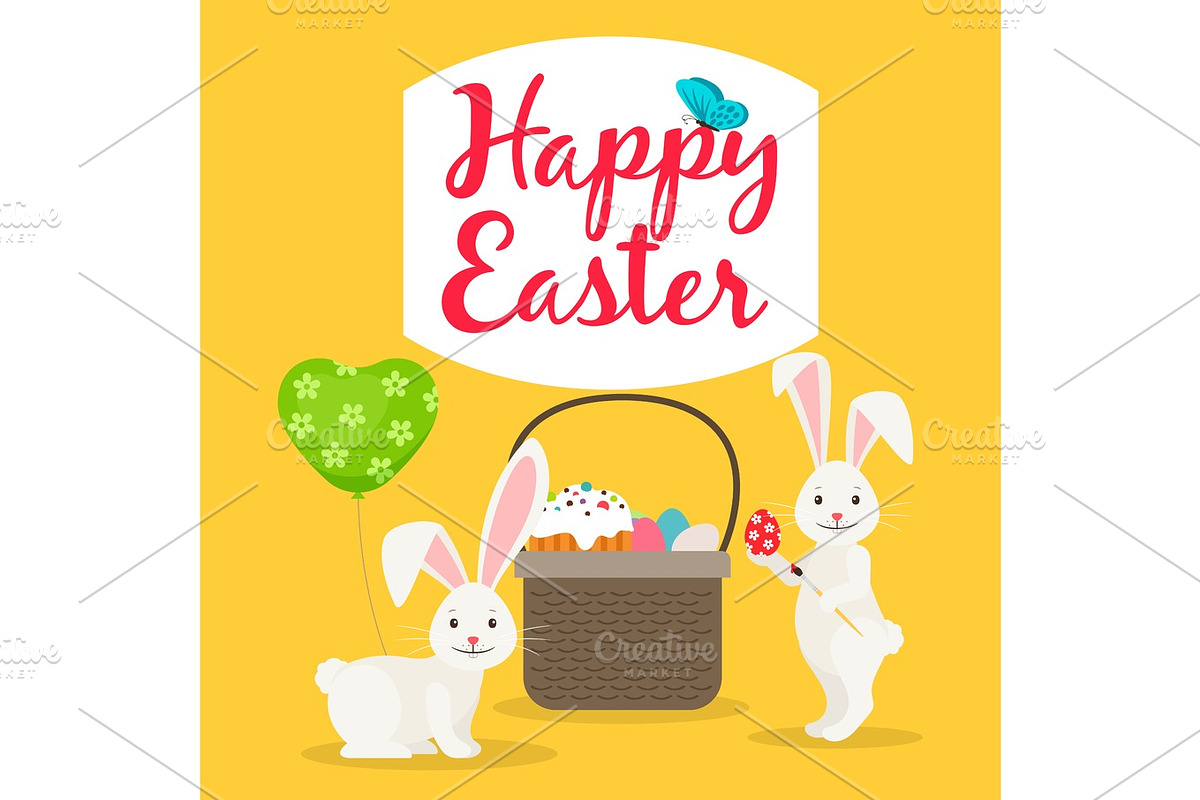 Easter basket and rabbits greeting card in Illustrations - product preview 8