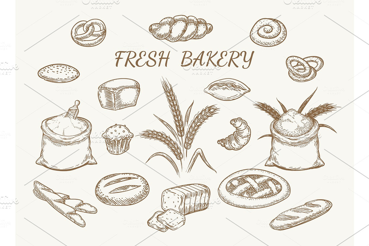 Fresh bakery elements sketch in Illustrations - product preview 8