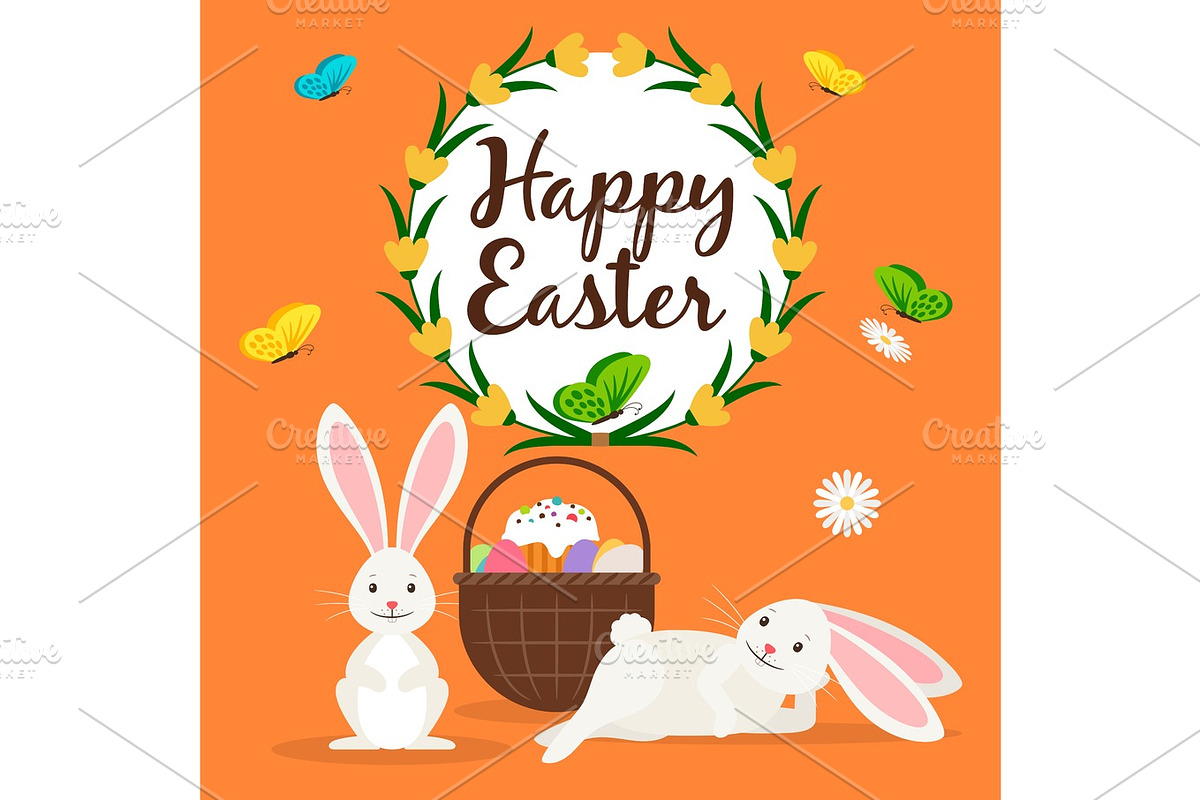 Happy easter rabbits and basket card in Illustrations - product preview 8
