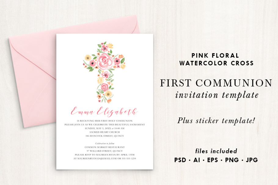 Watercolor Pink Floral Cross Invite