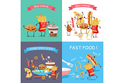 Fast Food Cartoon Characters Banner Set